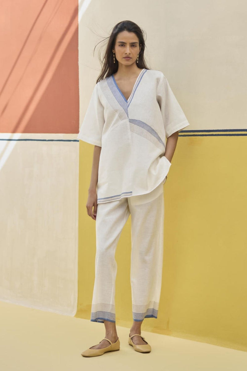 Reya Classic Border Pant - Ivory linen by Manan in ivory color for women in Singapore