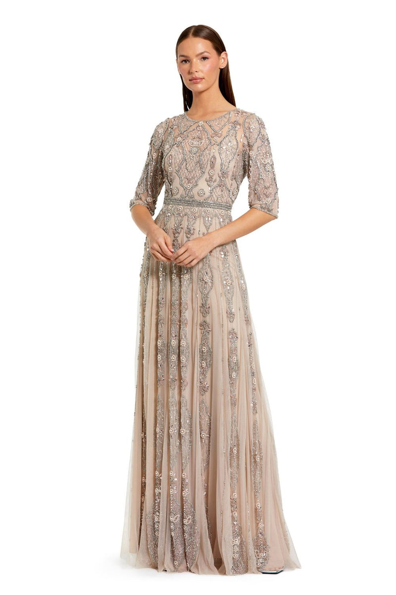 10115-Beige 3/4 Sleeve Embellished A-line Gown by Mac Duggal for women in Singapore