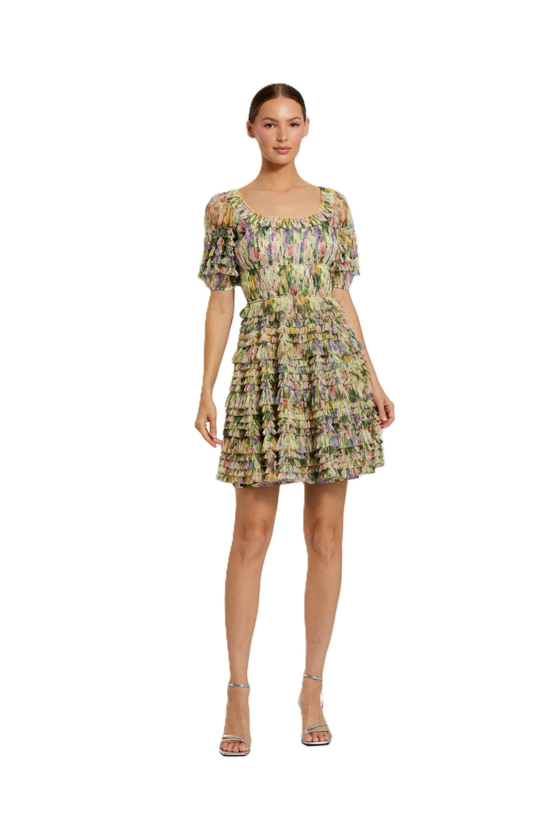 8327 - Multicolor Floral Puff Sleeve Ruffle Mini Dress polyester cocktail/party dress by Mac Duggal in yellow for women in Singapore