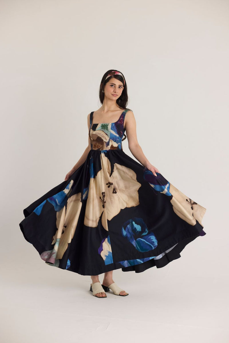 ROCCO EMBROIDERED DRESS satin by Yam in black color for women in Singapore