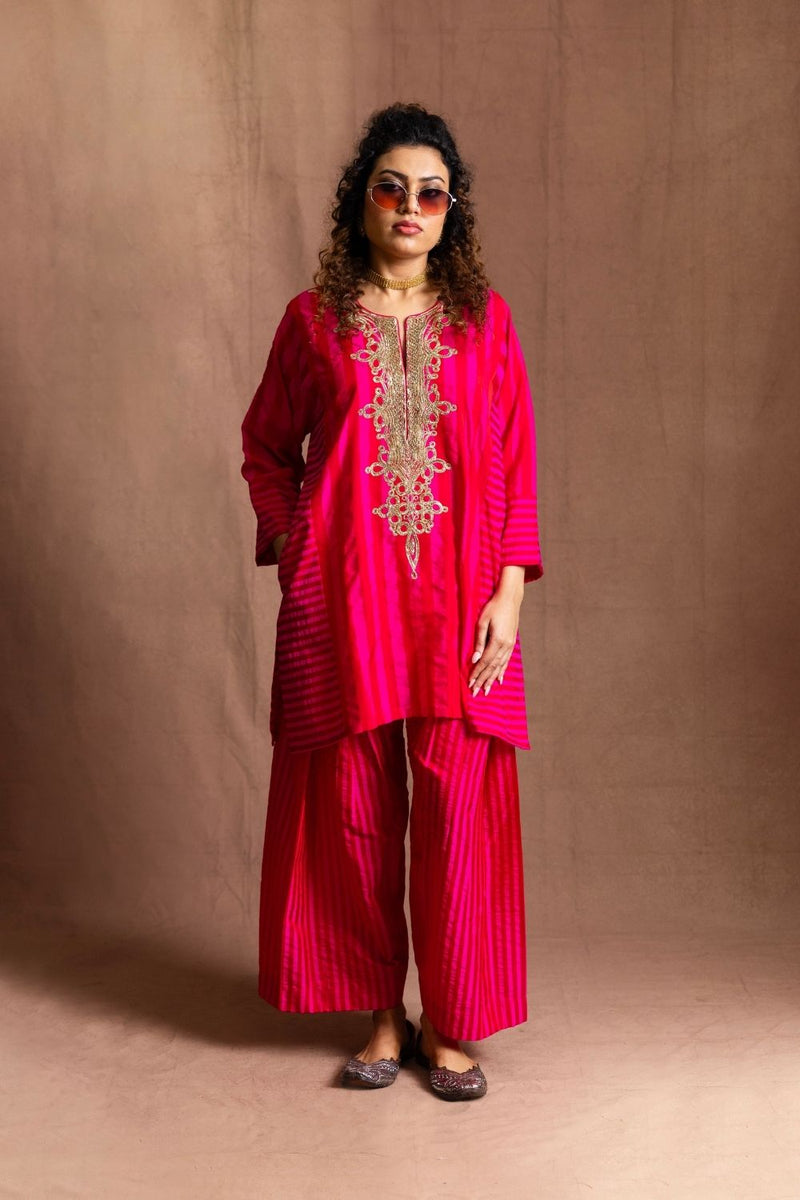 Silk Striped Farshi-Pink & Red Stripes Pure Silk Kurta Set Sabo by Sabina — Canvas & Weaves Singapore
