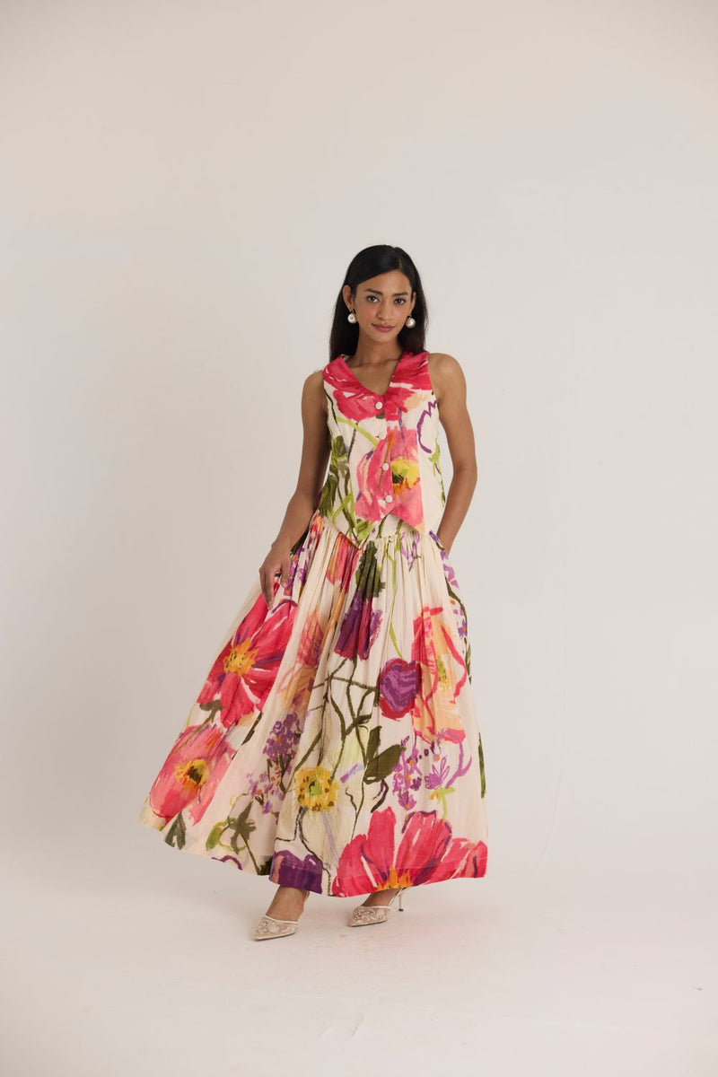 DOLLY WHITE WAISTCOAT & SKIRT SET cotton by Yam in multi color for women in Singapore