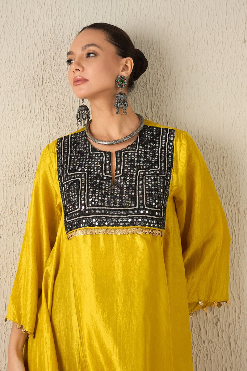 AFGHANI SILK SET - Yellow upper, Purple pants silk by Aavidi in yellow color for women in Singapore