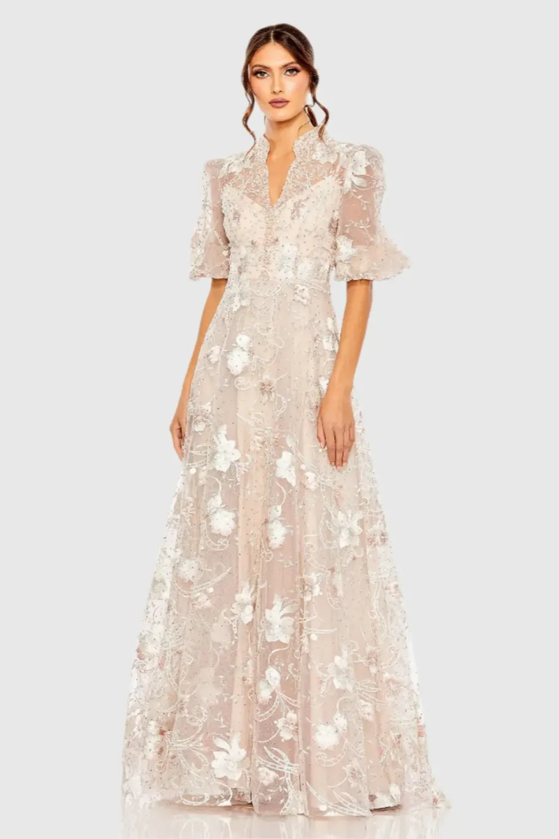 Pink Queen Anne Puff Sleeve A-Line Gown by Mac Duggal in pink color for women in Singapore