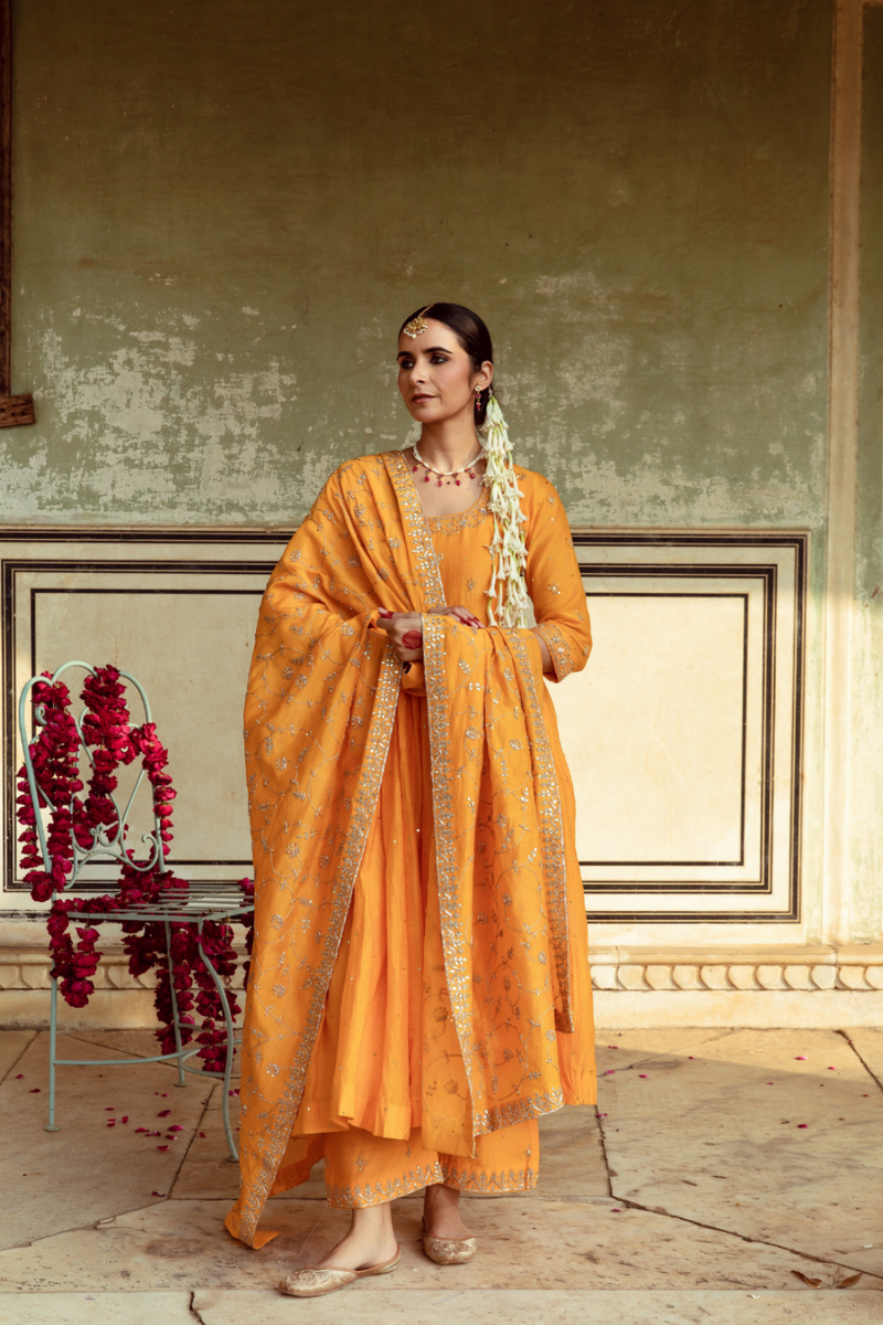 Yellow Zardozi & Gota Patti Kalidar Set silk Buy Yellow Zardozi & Gota Patti Kalidar Set from C&W | Kurta/Kurta Sets for Women by Maison Shefali in yellow color for women in Singapore