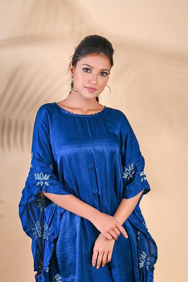 LOTUS KAFTAN-INDIGO BLUE silk by Dyelogue in blue color for women in Singapore