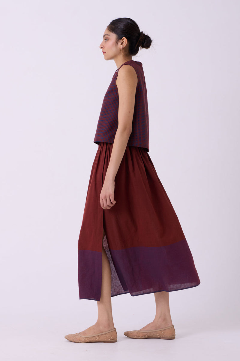 Fuwari Brown Colourblocked Handwoven Midi Skirt handwoven cotton skirt by The Summer House in brown for women in Singapore