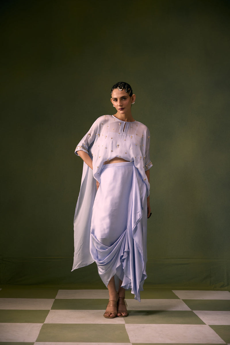 Nexa Ice Blue Antifit Top with Wrap Skirt vegan satin, organza satin indo-western by PRAHNAAYA in sky for women in Singapore