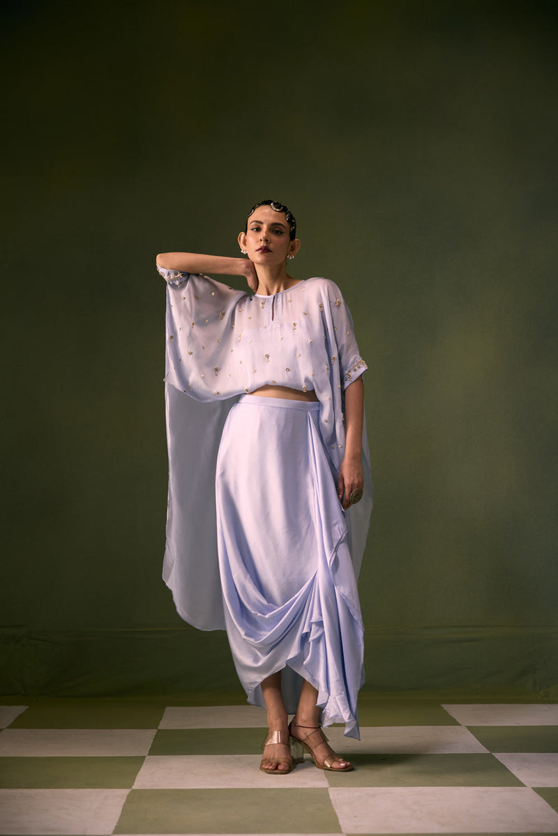 Nexa Ice Blue Antifit Top with Wrap Skirt vegan satin, organza satin indo-western by PRAHNAAYA in sky for women in Singapore