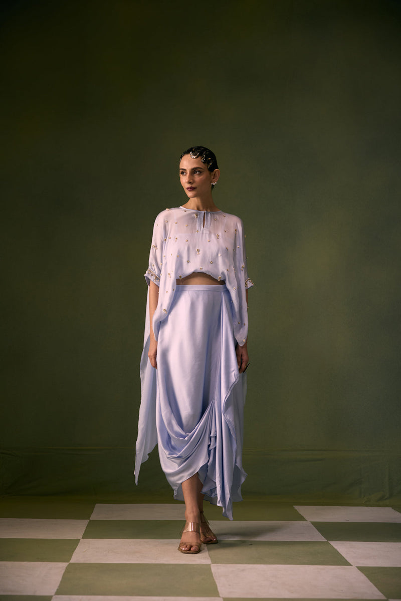 Nexa Ice Blue Antifit Top with Wrap Skirt vegan satin, organza satin indo-western by PRAHNAAYA in sky for women in Singapore