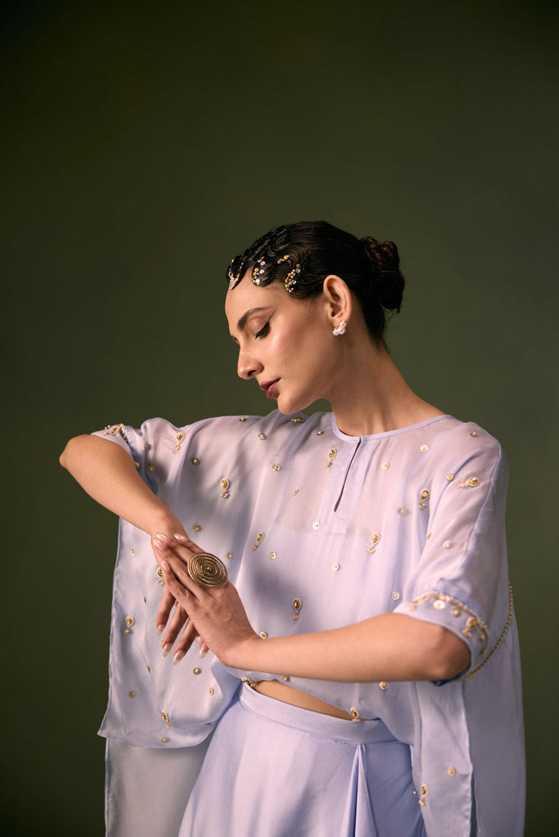 Nexa Ice Blue Antifit Top with Wrap Skirt vegan satin, organza satin indo-western by PRAHNAAYA in sky for women in Singapore