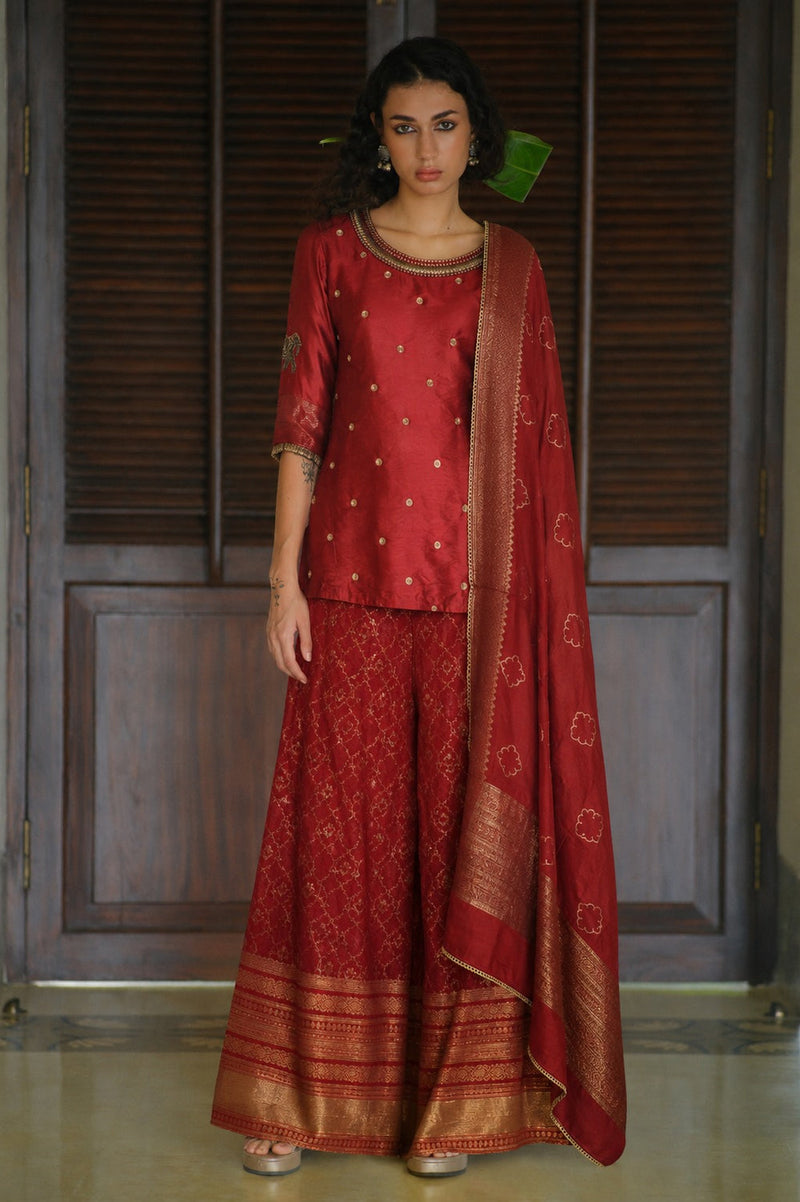 Antara Kurta Set dupion, brocade kurta/kurta set by Myoho in red for women in Singapore