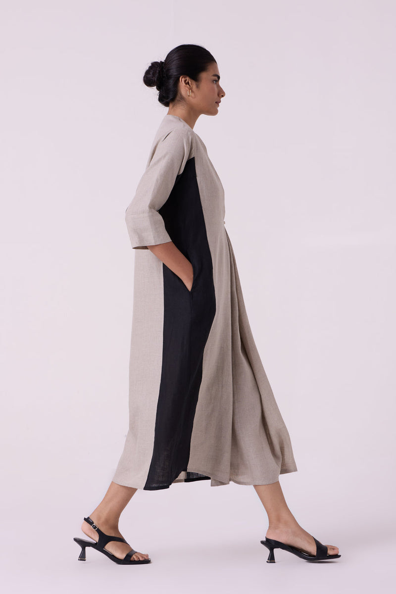 Kaku Beige Linen Panelled Midi Dress linen dress by The Summer House in beige for women in Singapore