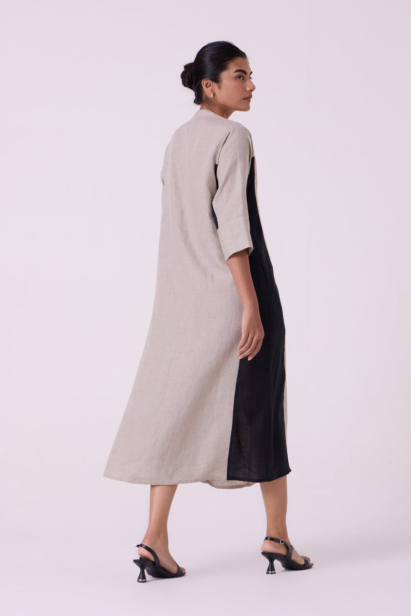Kaku Beige Linen Panelled Midi Dress linen dress by The Summer House in beige for women in Singapore