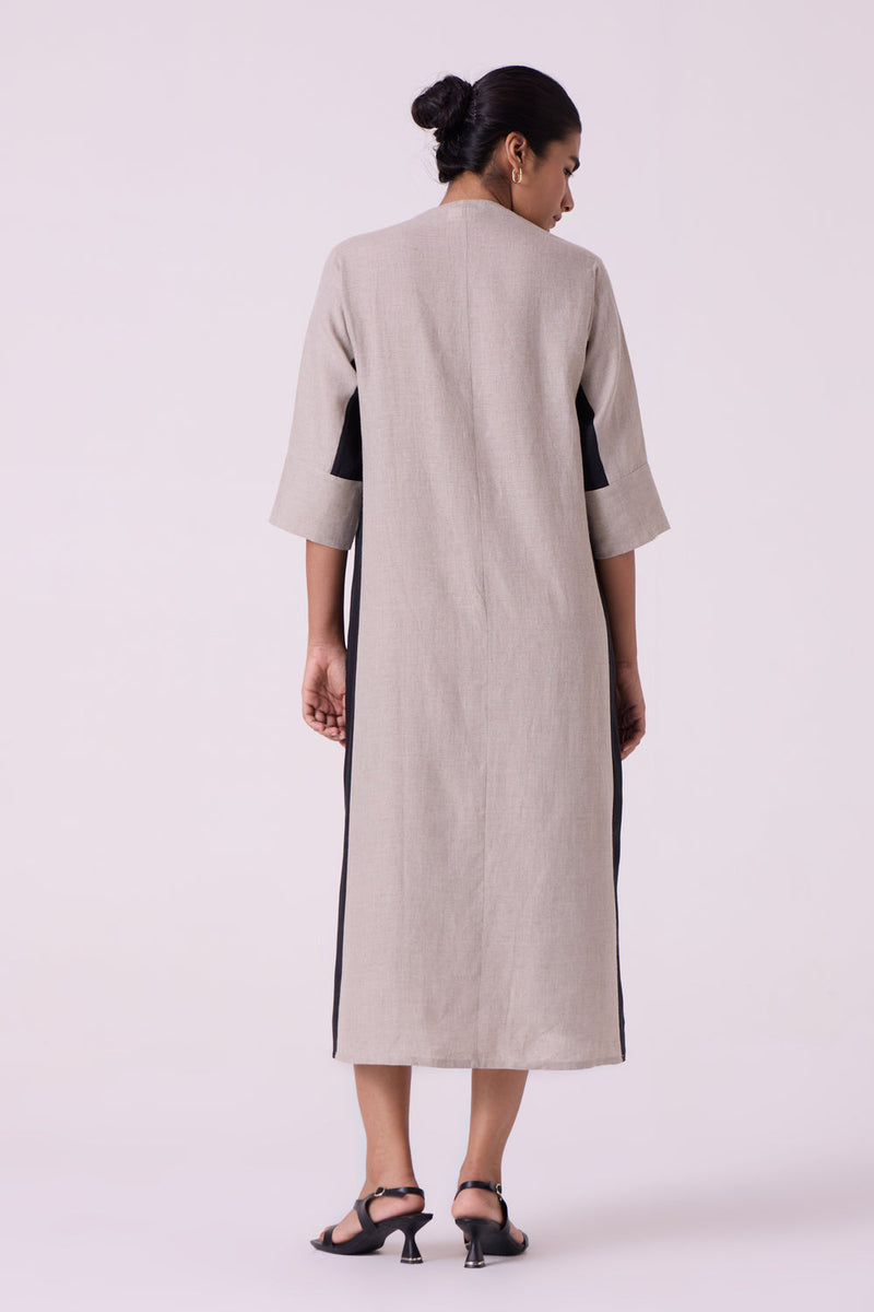 Kaku Beige Linen Panelled Midi Dress linen dress by The Summer House in beige for women in Singapore