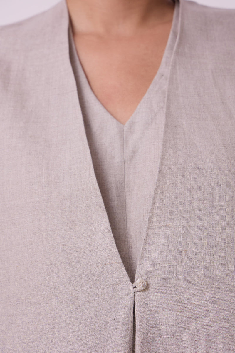 Kaku Beige Linen Panelled Midi Dress linen dress by The Summer House in beige for women in Singapore