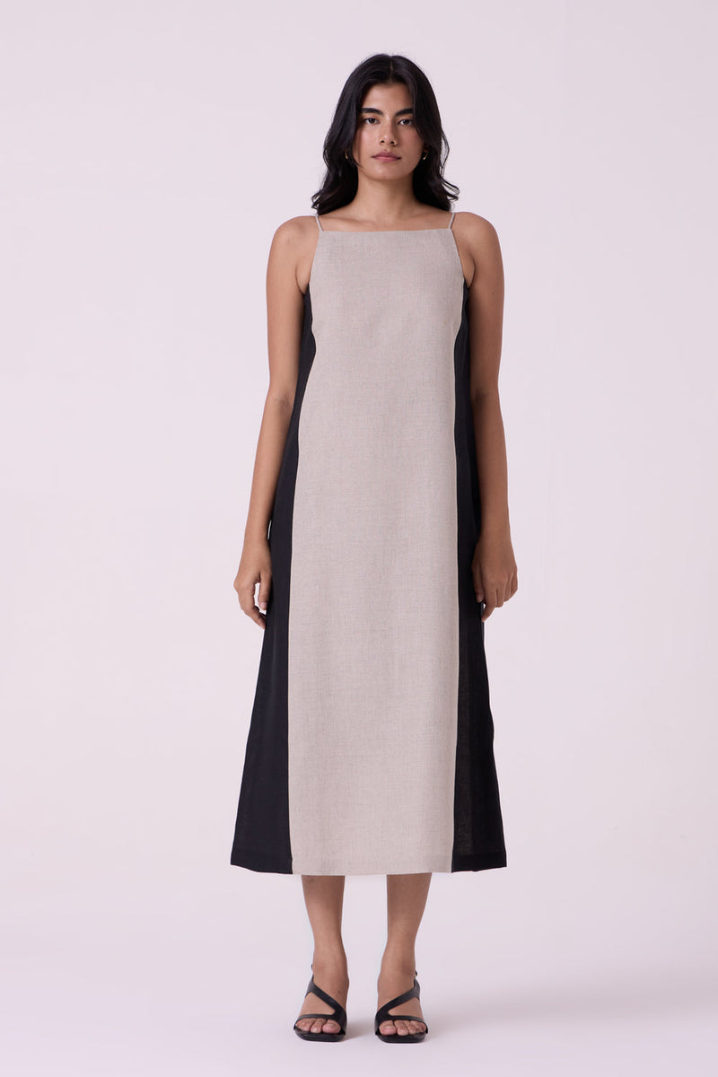 Kei Beige Linen Panelled Midi Dress linen dress by The Summer House in beige for women in Singapore