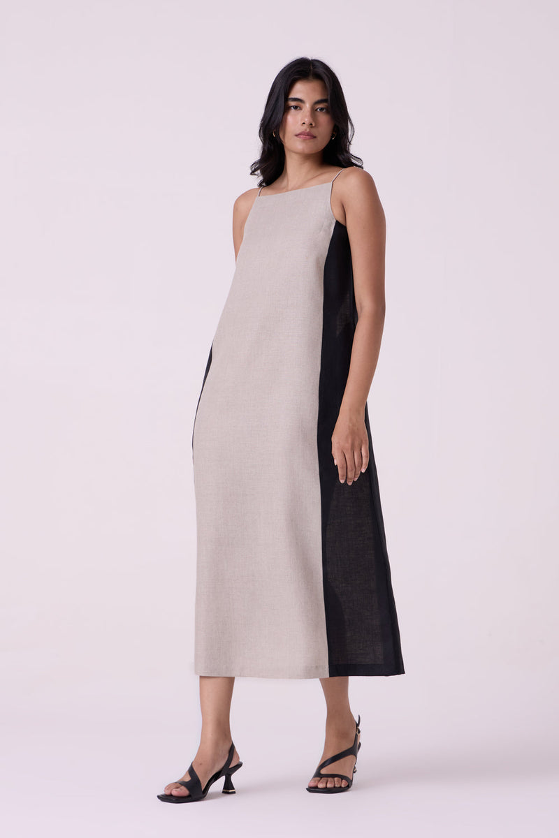 Kei Beige Linen Panelled Midi Dress linen dress by The Summer House in beige for women in Singapore