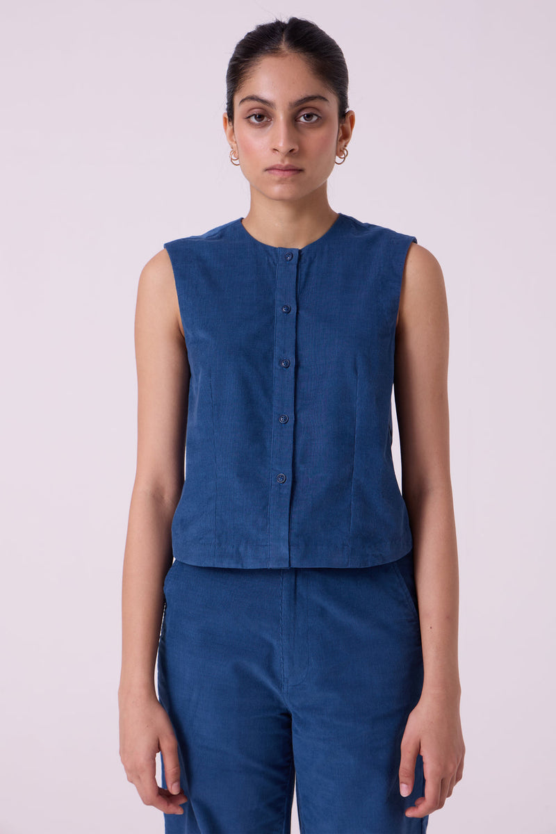 Wotton Blue Needlecord Top cotton corduroy top/shirt by The Summer House in blue for women in Singapore