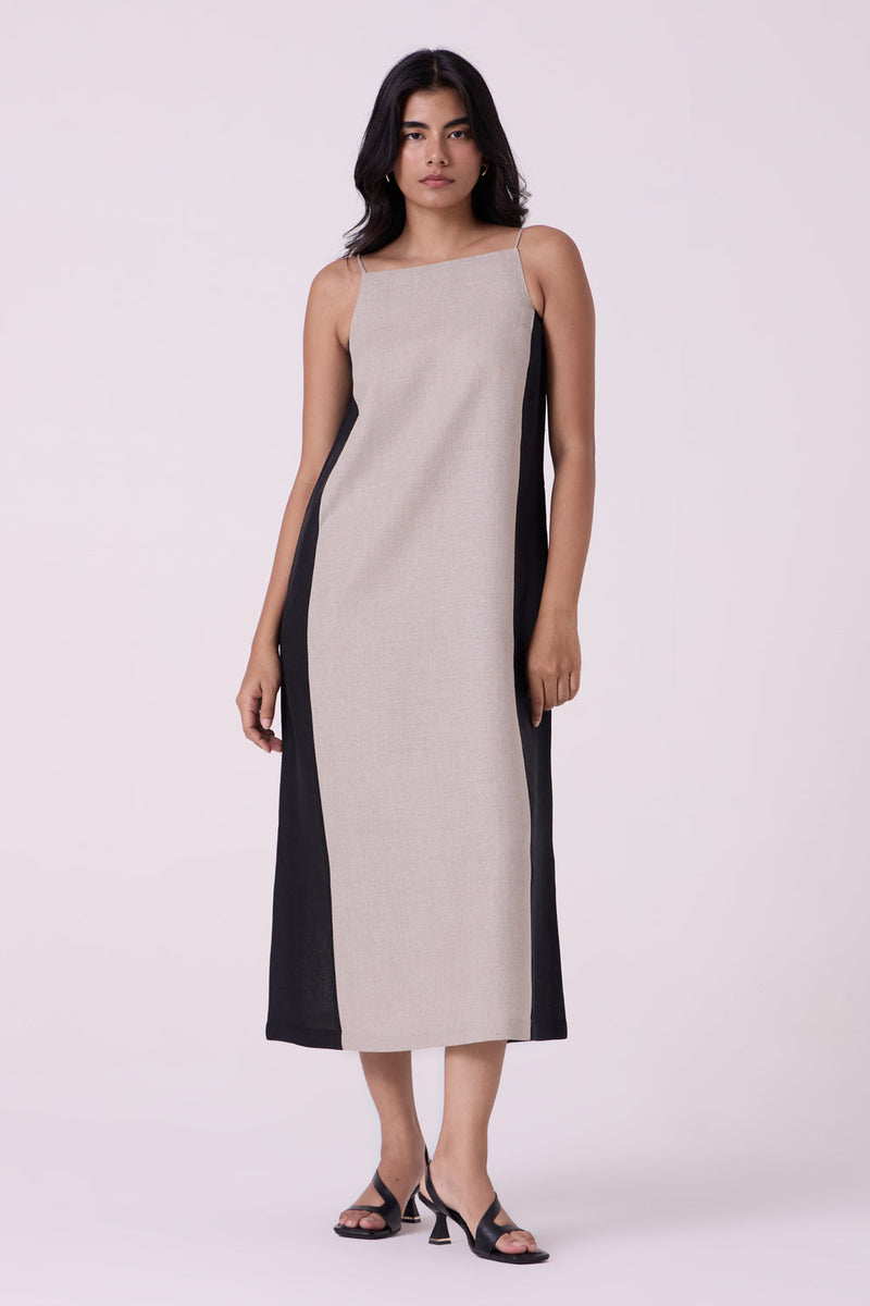 Kei Beige Linen Panelled Midi Dress linen dress by The Summer House in beige for women in Singapore