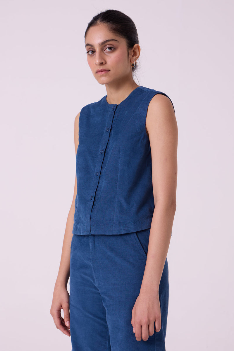 Wotton Blue Needlecord Top cotton corduroy top/shirt by The Summer House in blue for women in Singapore