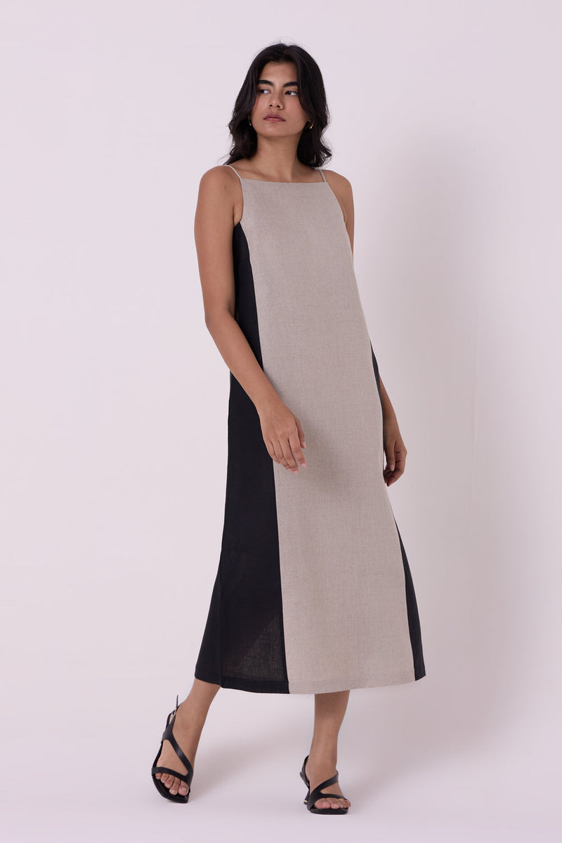 Kei Beige Linen Panelled Midi Dress linen dress by The Summer House in beige for women in Singapore