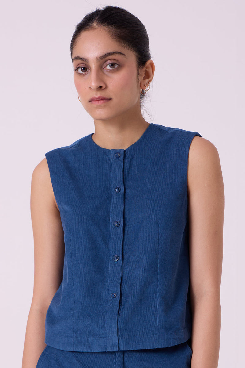 Wotton Blue Needlecord Top cotton corduroy top/shirt by The Summer House in blue for women in Singapore