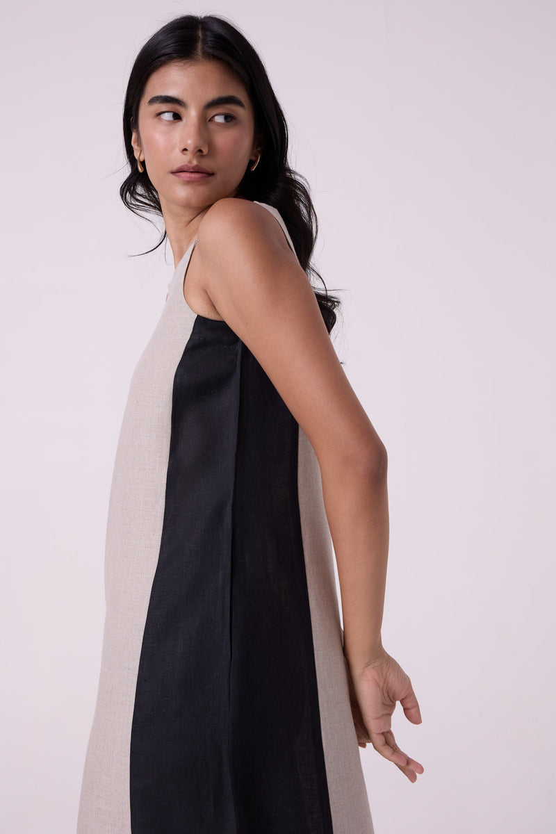Kei Beige Linen Panelled Midi Dress linen dress by The Summer House in beige for women in Singapore
