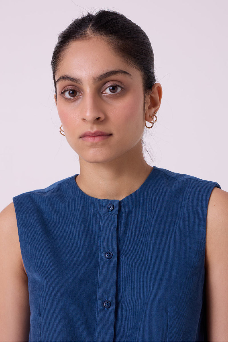 Wotton Blue Needlecord Top cotton corduroy top/shirt by The Summer House in blue for women in Singapore