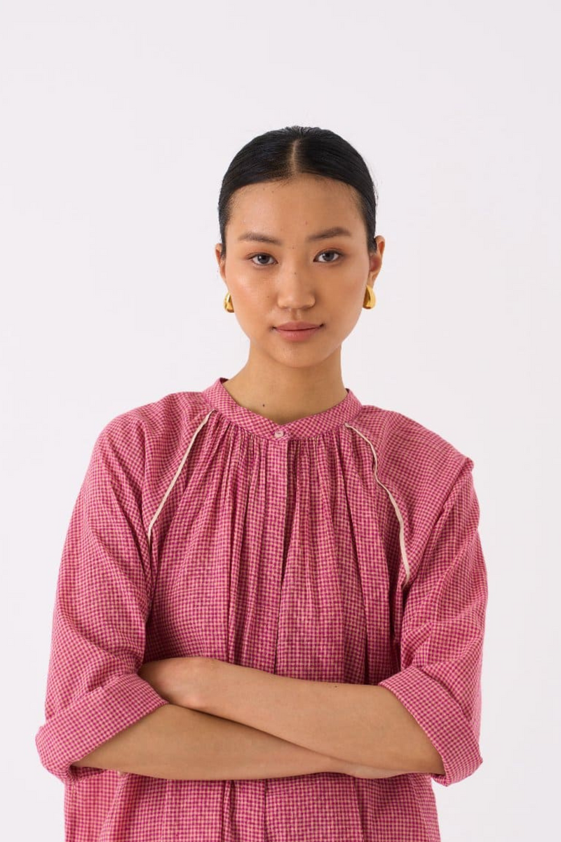GATHER NECK SHIRT-PINK CHECK mul by THREE in pink color for women in Singapore