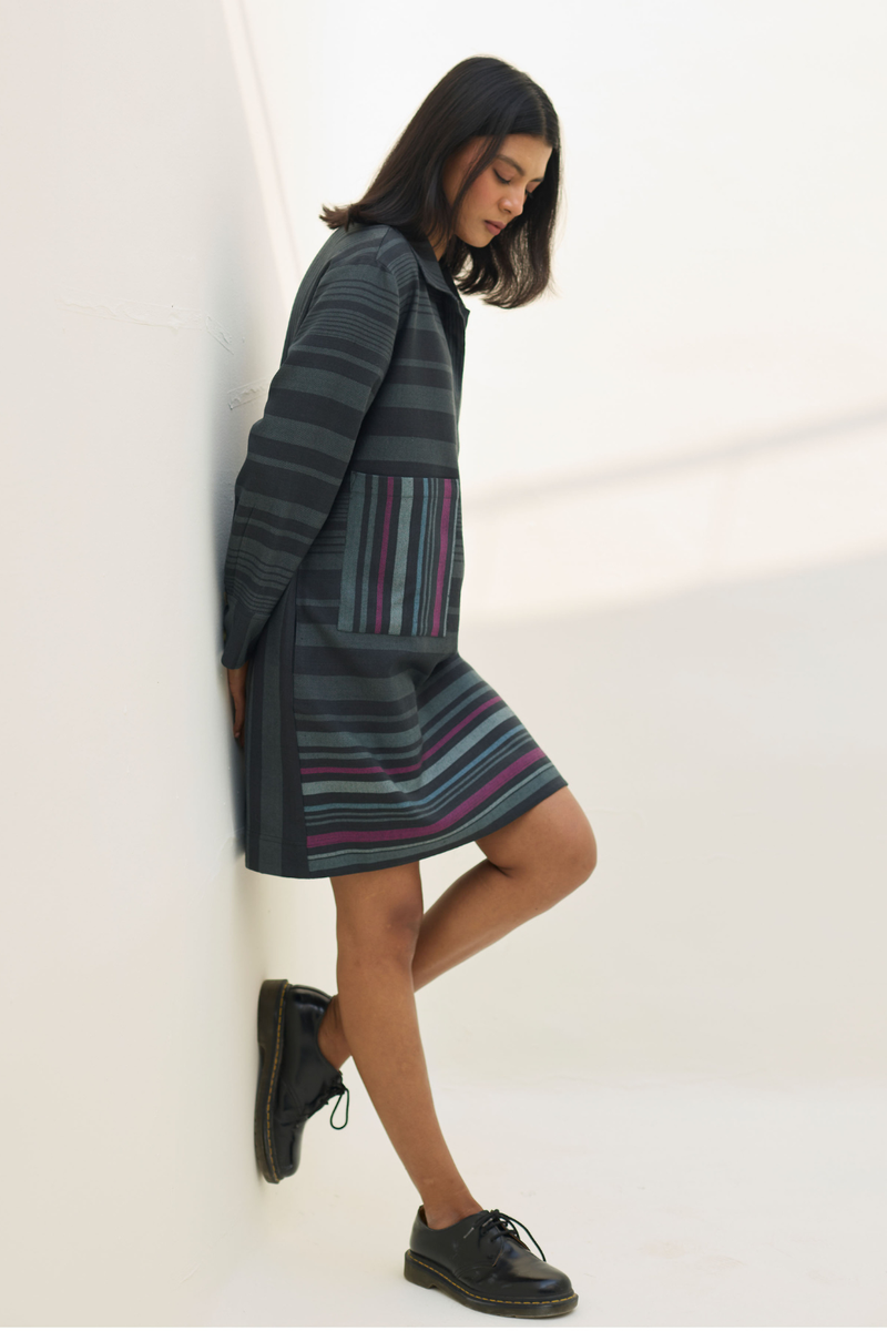 Eden Patch Pocket Dress - Charcoal all linen by Manan in charcoal color for women in Singapore