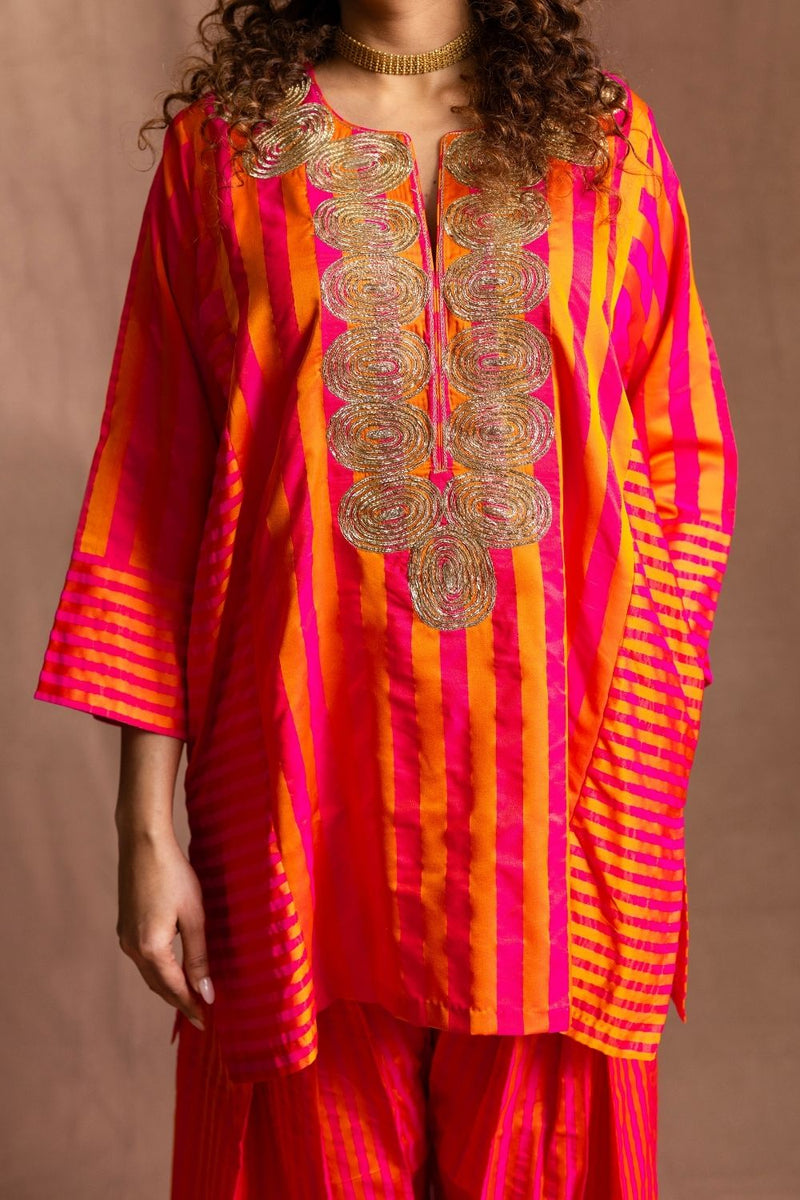 Silk Striped Farshi-Orange & Pink Stripes Pure Silk Kurta Set Sabo by Sabina — Canvas & Weaves Singapore