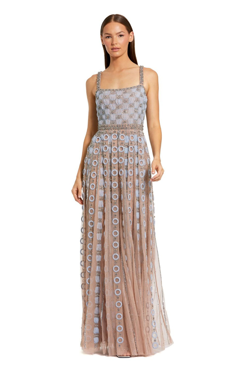 10106-Light Blue Sleeveless Embellished A-line Gown by Mac Duggal in blue color for women in Singapore