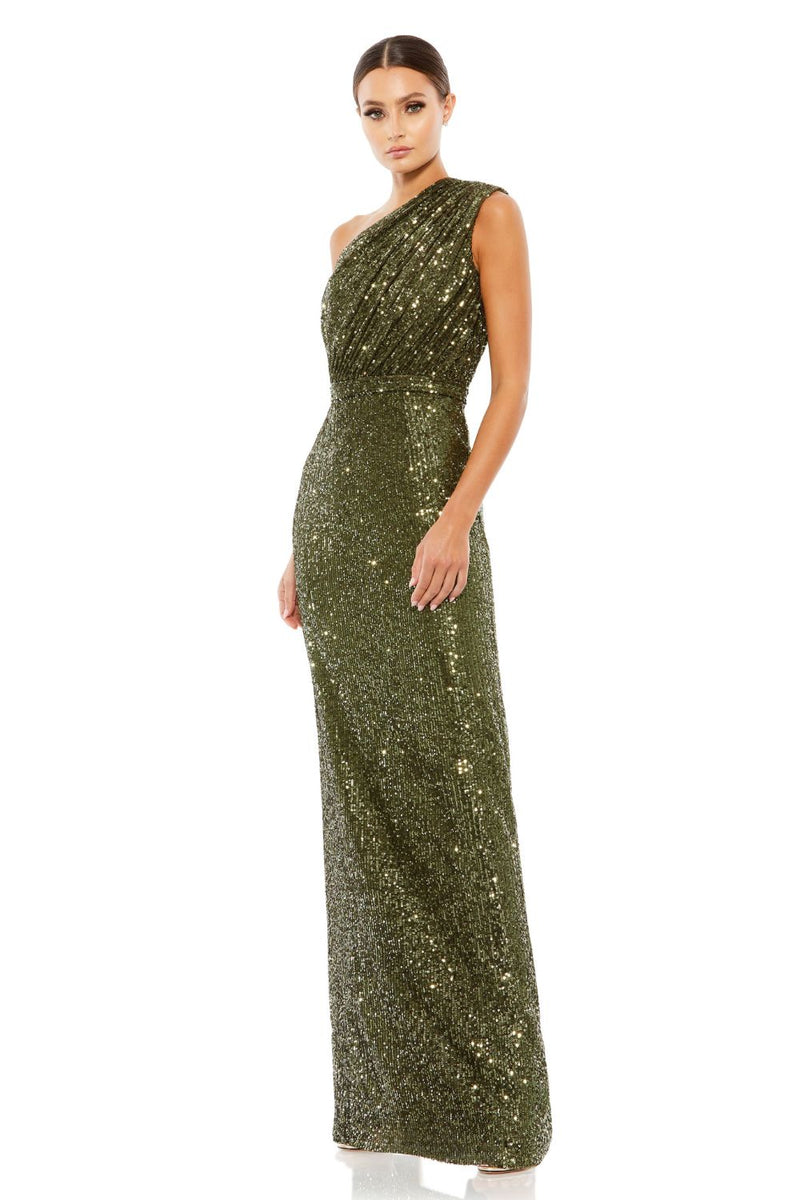 26694-Sequined Ruched One Shoulder Gown by Mac Duggal in olive color for women in Singapore