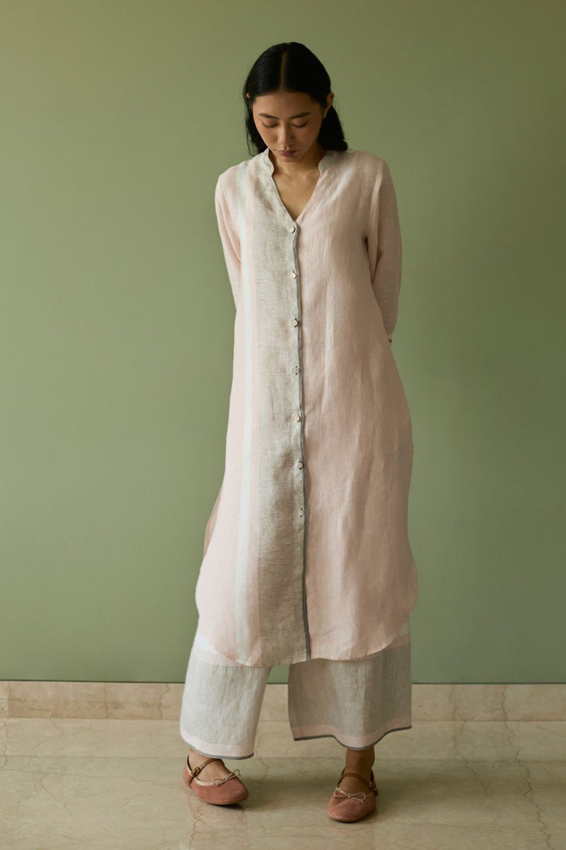Mori Border Linen Shirt Kurta-Blush linen by Manan in blush color for women in Singapore