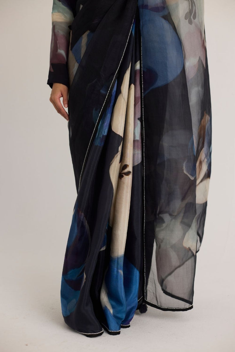 ROCCO HALF SILK & HALF ORGANZA SAREE organza by Yam in black color for women in Singapore