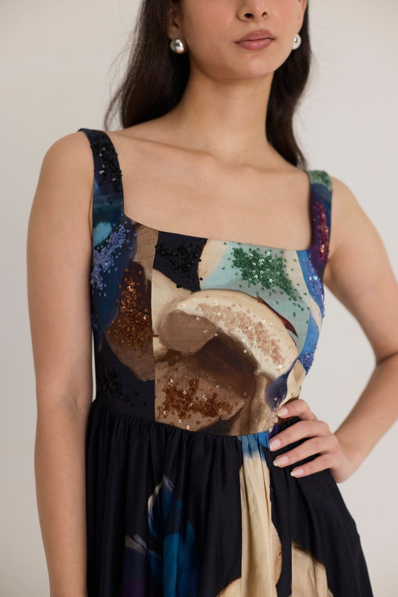 ROCCO EMBROIDERED DRESS satin by Yam in black color for women in Singapore