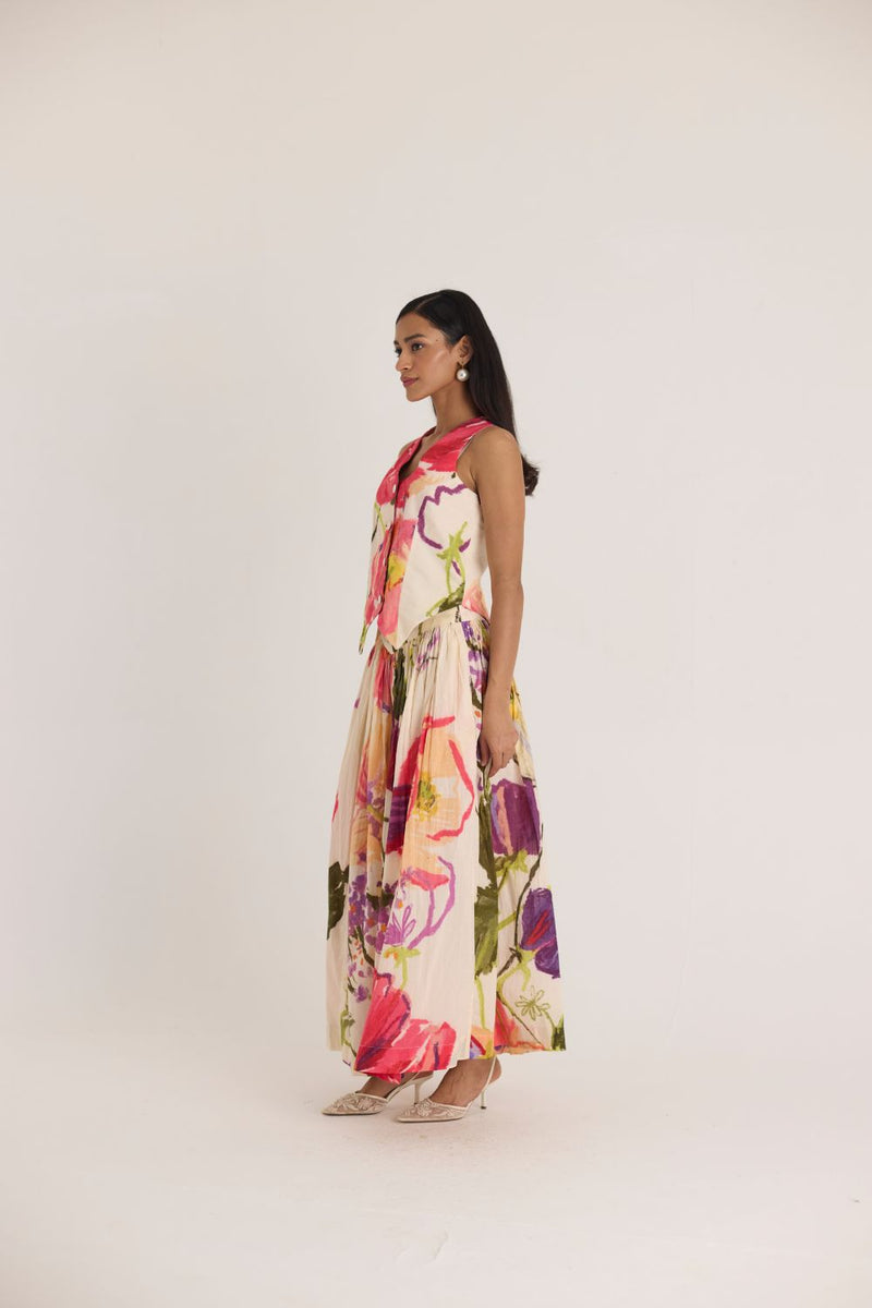 DOLLY WHITE WAISTCOAT & SKIRT SET cotton by Yam in multi color for women in Singapore