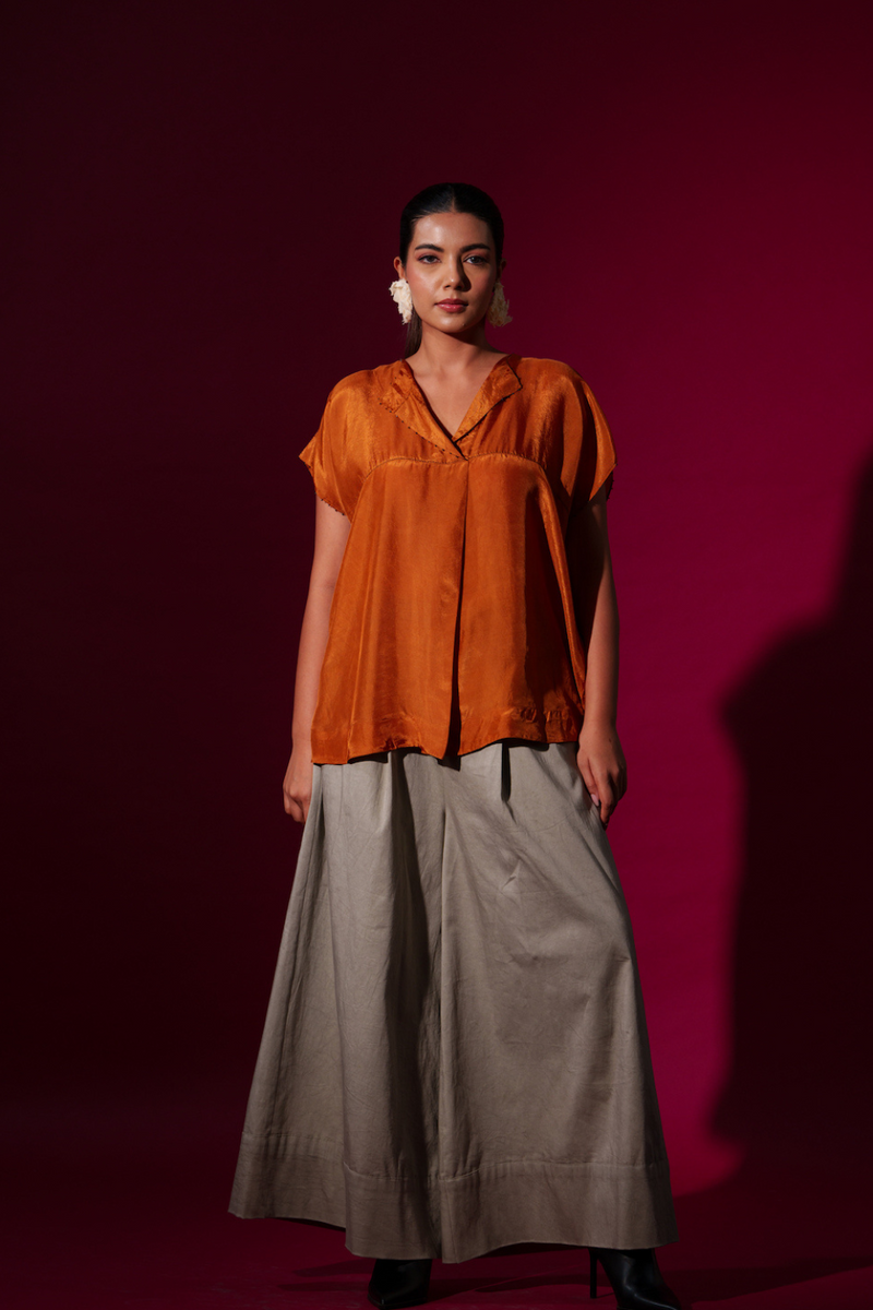 Prosper Top-Rust orange + Black upada silk tops and shirts by Stoique in rust orange, black for women in Singapore