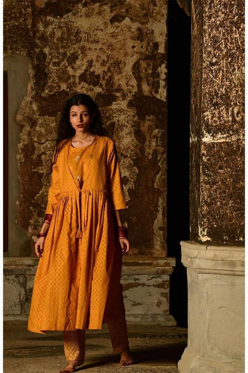 Mritakshara Kurta Set chanderi by Tokree in yellow color for women in Singapore