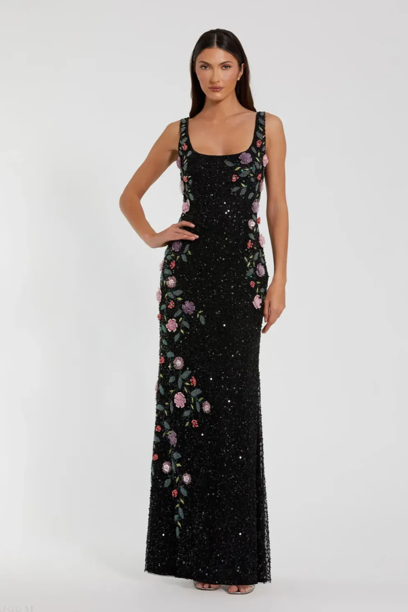 Black Floral Beaded Mesh Scoop Neck Sleeveless Gown by Mac Duggal in black color for women in Singapore