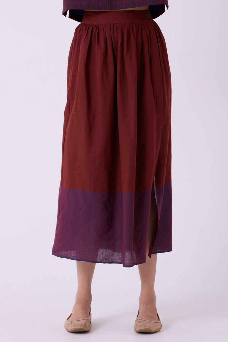 Fuwari Brown Colourblocked Handwoven Midi Skirt handwoven cotton skirt by The Summer House in brown for women in Singapore