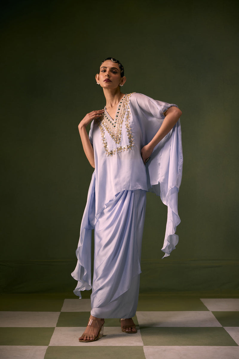 Cove Ice Blue Antifit Asymmetric Top with Wrap Skirt vegan satin, organza satin indo-western by PRAHNAAYA in sky for women in Singapore