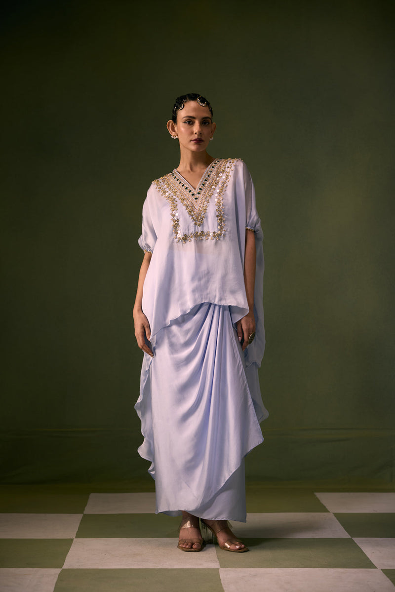 Cove Ice Blue Antifit Asymmetric Top with Wrap Skirt vegan satin, organza satin indo-western by PRAHNAAYA in sky for women in Singapore
