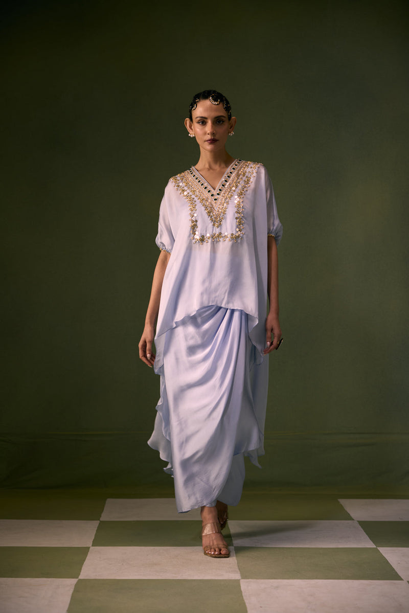 Cove Ice Blue Antifit Asymmetric Top with Wrap Skirt vegan satin, organza satin indo-western by PRAHNAAYA in sky for women in Singapore
