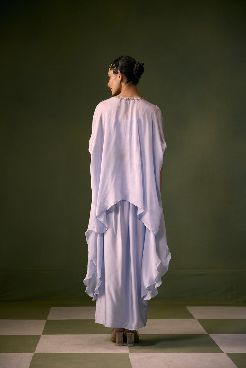 Cove Ice Blue Antifit Asymmetric Top with Wrap Skirt vegan satin, organza satin indo-western by PRAHNAAYA in sky for women in Singapore
