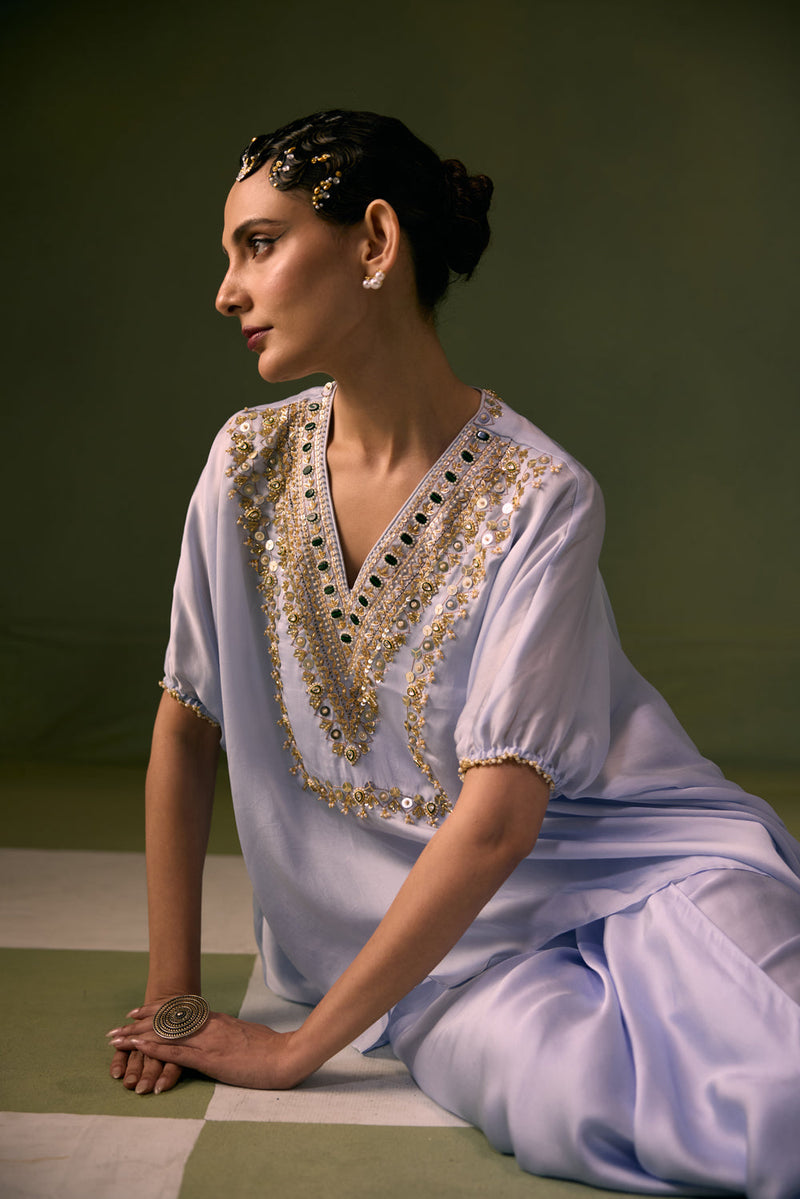 Cove Ice Blue Antifit Asymmetric Top with Wrap Skirt vegan satin, organza satin indo-western by PRAHNAAYA in sky for women in Singapore