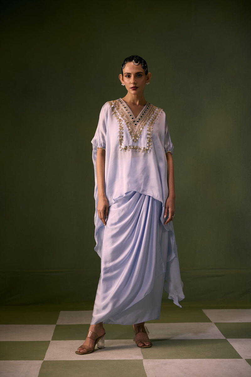 Cove Ice Blue Antifit Asymmetric Top with Wrap Skirt vegan satin, organza satin indo-western by PRAHNAAYA in sky for women in Singapore