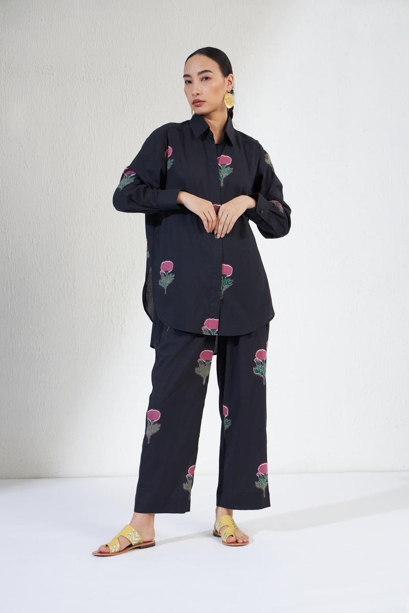 GULNAAR SHIRT SET cotton Co-ord Sets by Aavidi in black color for women in Singapore