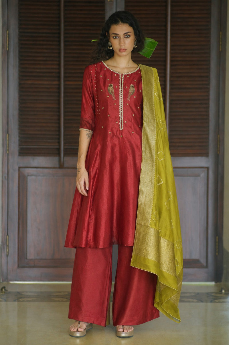 Vayu Kurta Set dupion, chanderi silk kurta/kurta set by Myoho in red for women in Singapore